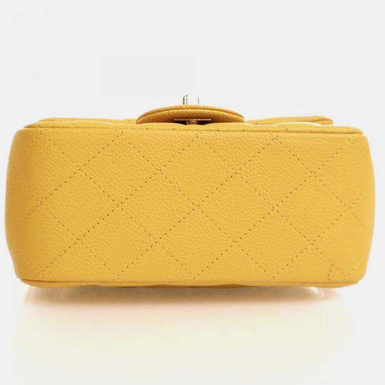 Pre Owned Chanel Classic Flap Mini Square Yellow Caviar Shoulder Bag