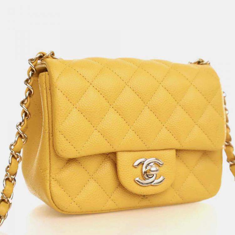 Pre Owned Chanel Classic Flap Mini Square Yellow Caviar Shoulder Bag