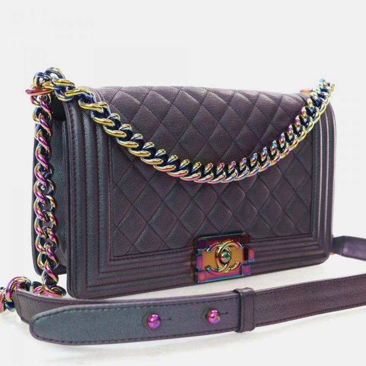 Pre Owned Chanel Boy Medium Mermaid Purple Goatskin Shoulder Bag