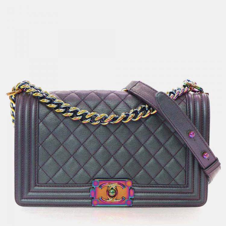 Pre Owned Chanel Boy Medium Mermaid Purple Goatskin Shoulder Bag