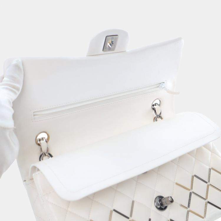 Pre Owned Chanel Embellished Double Flap Medium White Lambskin Shoulder Bag