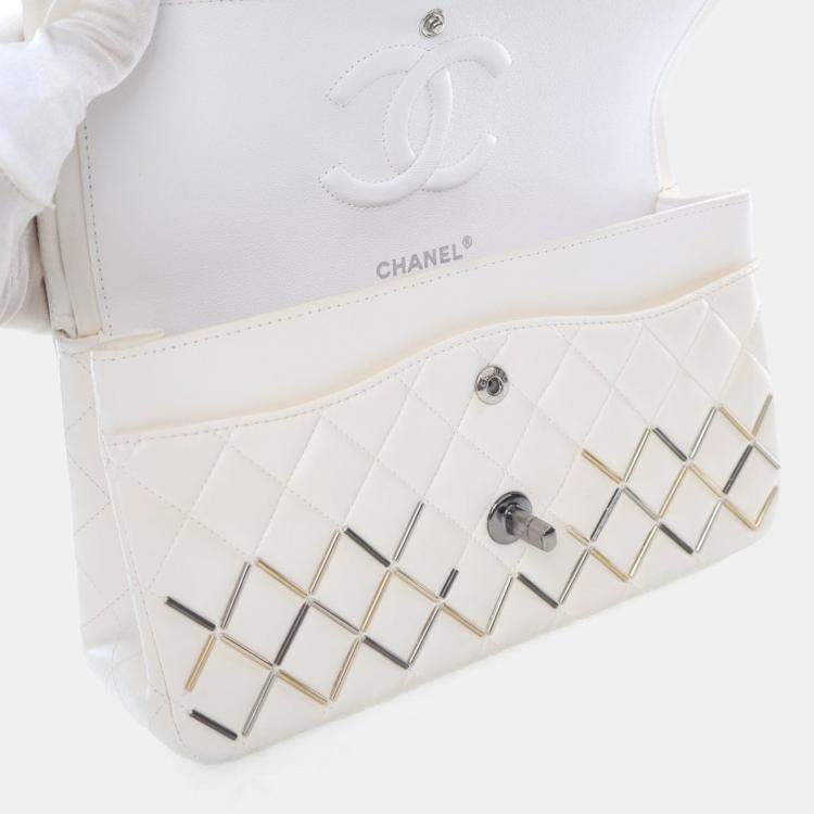 Pre Owned Chanel Embellished Double Flap Medium White Lambskin Shoulder Bag