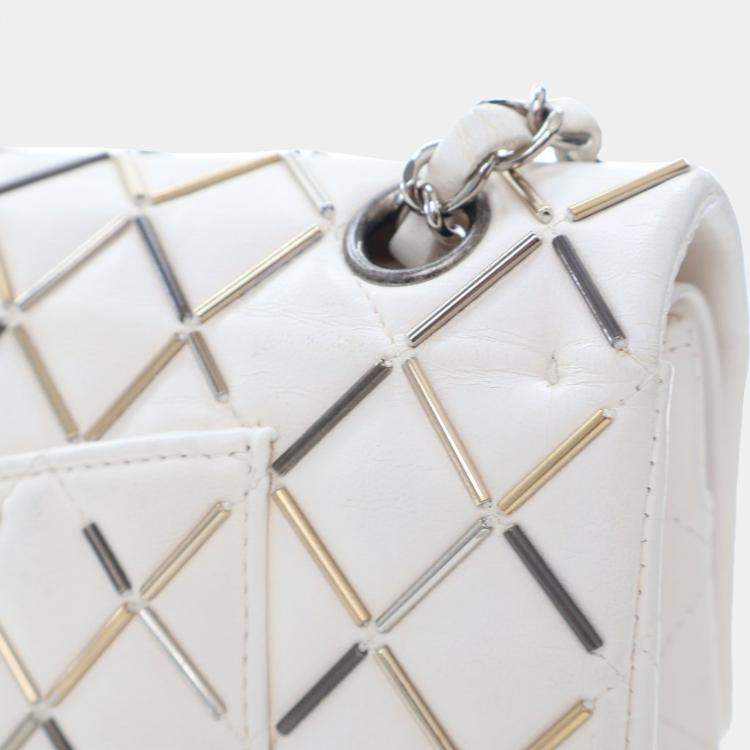 Pre Owned Chanel Embellished Double Flap Medium White Lambskin Shoulder Bag