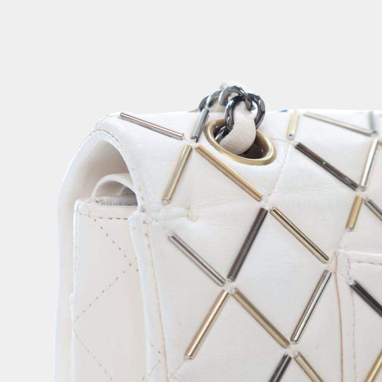 Pre Owned Chanel Embellished Double Flap Medium White Lambskin Shoulder Bag