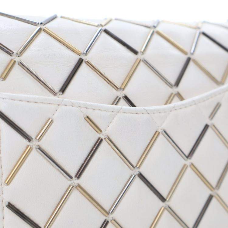 Pre Owned Chanel Embellished Double Flap Medium White Lambskin Shoulder Bag