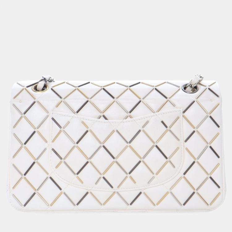Pre Owned Chanel Embellished Double Flap Medium White Lambskin Shoulder Bag
