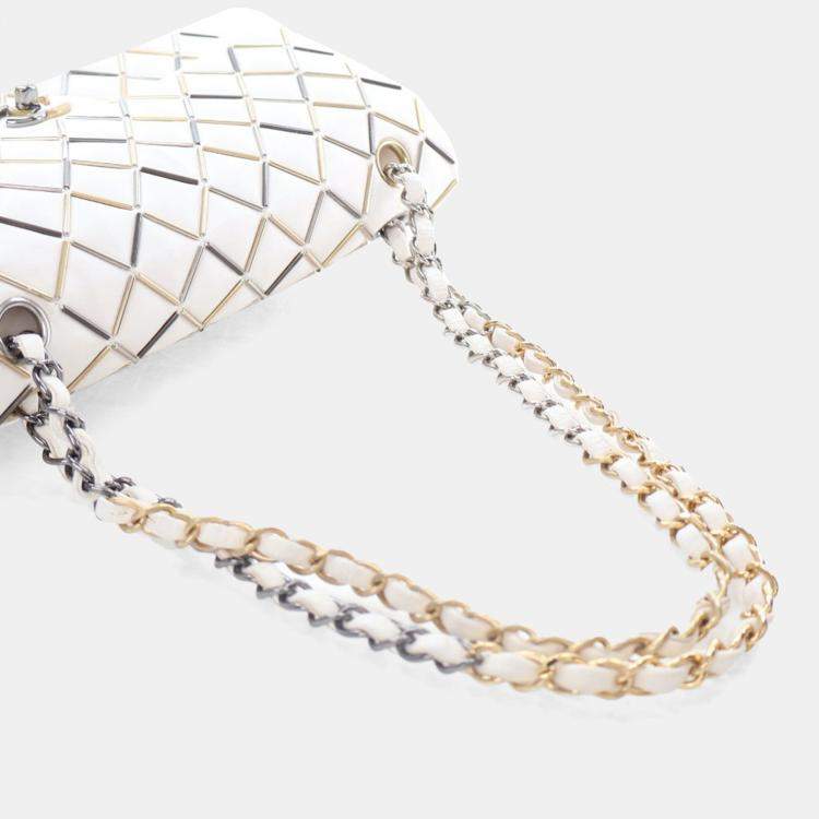 Pre Owned Chanel Embellished Double Flap Medium White Lambskin Shoulder Bag