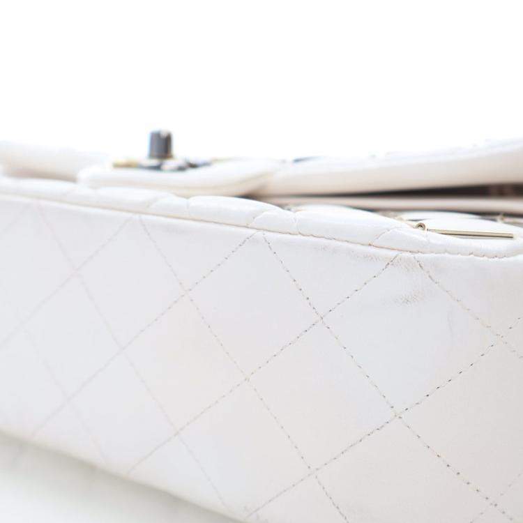 Pre Owned Chanel Embellished Double Flap Medium White Lambskin Shoulder Bag