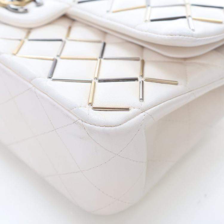Pre Owned Chanel Embellished Double Flap Medium White Lambskin Shoulder Bag