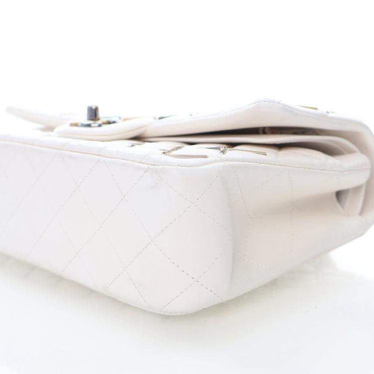 Pre Owned Chanel Embellished Double Flap Medium White Lambskin Shoulder Bag