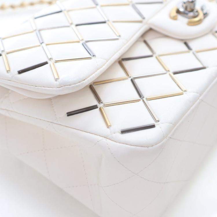 Pre Owned Chanel Embellished Double Flap Medium White Lambskin Shoulder Bag