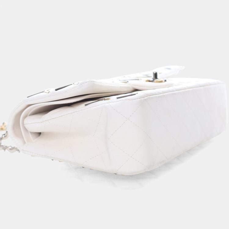 Pre Owned Chanel Embellished Double Flap Medium White Lambskin Shoulder Bag