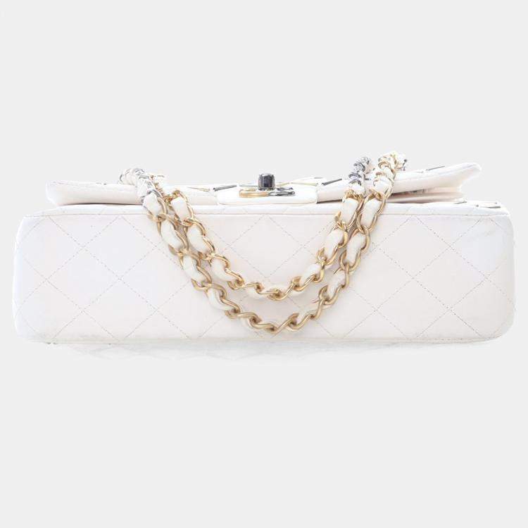 Pre Owned Chanel Embellished Double Flap Medium White Lambskin Shoulder Bag