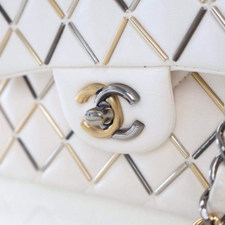 Pre Owned Chanel Embellished Double Flap Medium White Lambskin Shoulder Bag