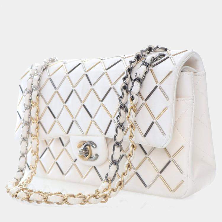 Pre Owned Chanel Embellished Double Flap Medium White Lambskin Shoulder Bag
