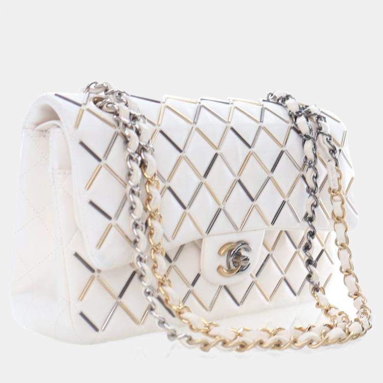 Pre Owned Chanel Embellished Double Flap Medium White Lambskin Shoulder Bag