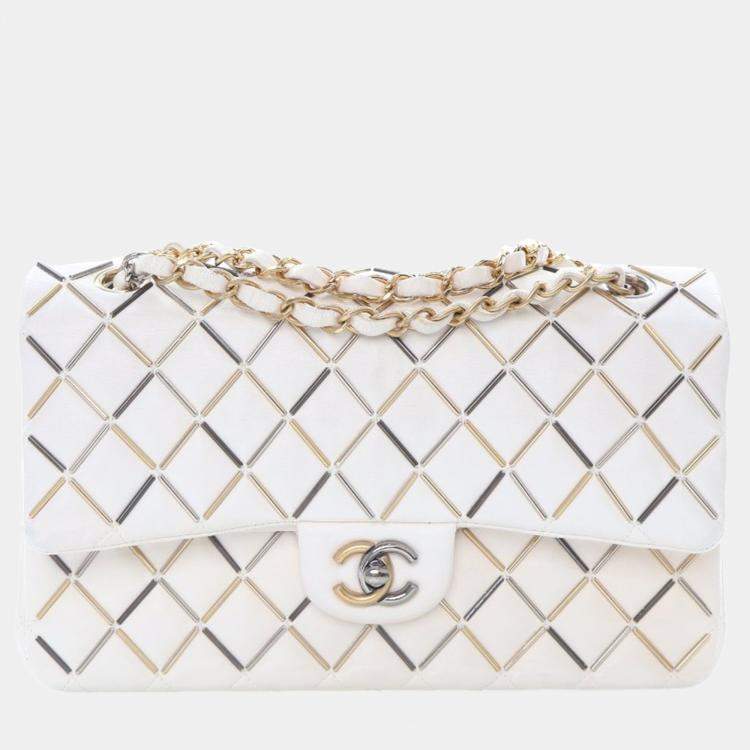 Pre Owned Chanel Embellished Double Flap Medium White Lambskin Shoulder Bag