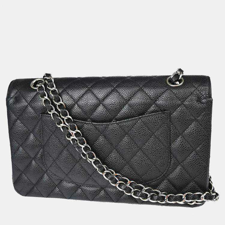 Pre Owned Chanel Classic Double Flap Medium Black Caviar Leather Shoulder Bag
