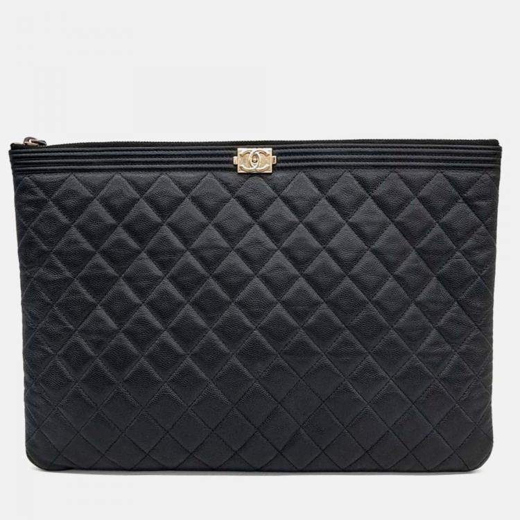 Pre Owned Chanel Boy Black Caviar Leather Large Clutch