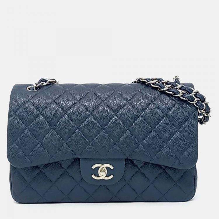 Pre Owned Chanel Blue Leather Caviar Classic Jumbo