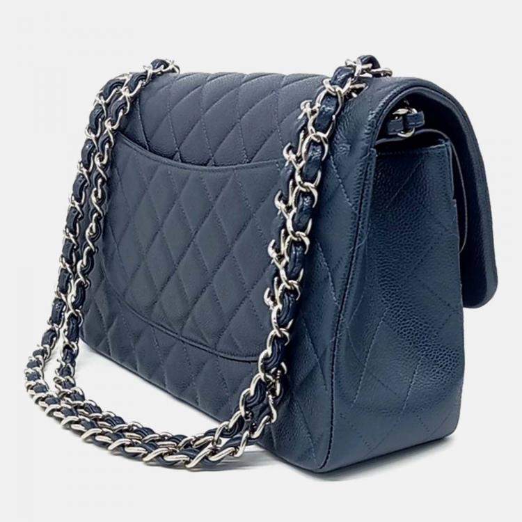 Pre Owned Chanel Blue Leather Caviar Classic Jumbo