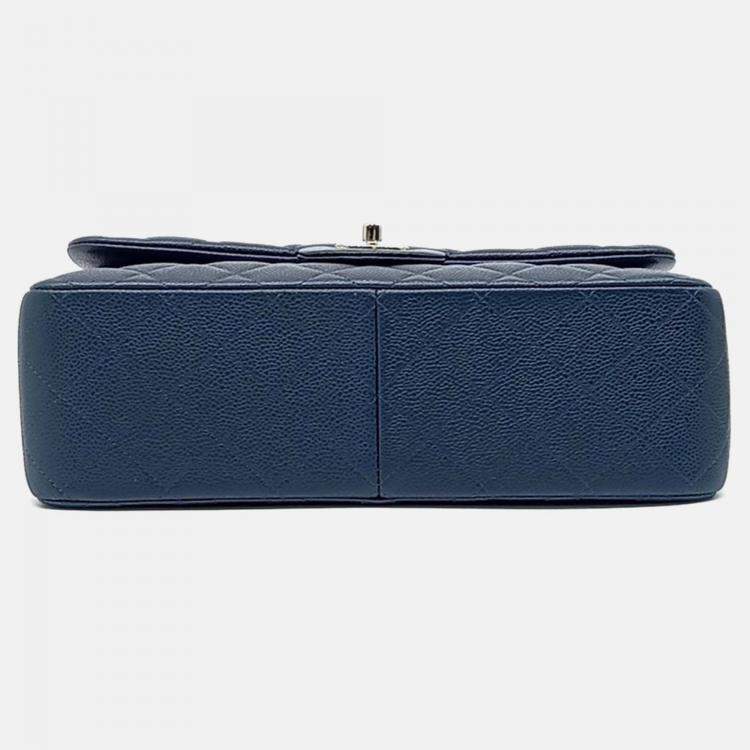 Pre Owned Chanel Blue Leather Caviar Classic Jumbo