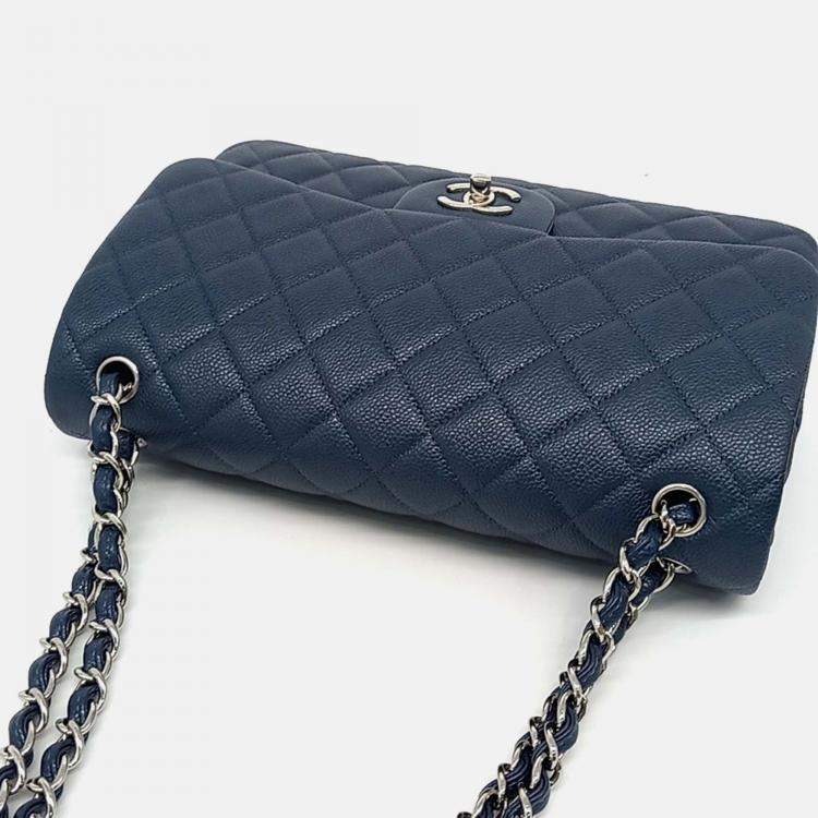 Pre Owned Chanel Blue Leather Caviar Classic Jumbo