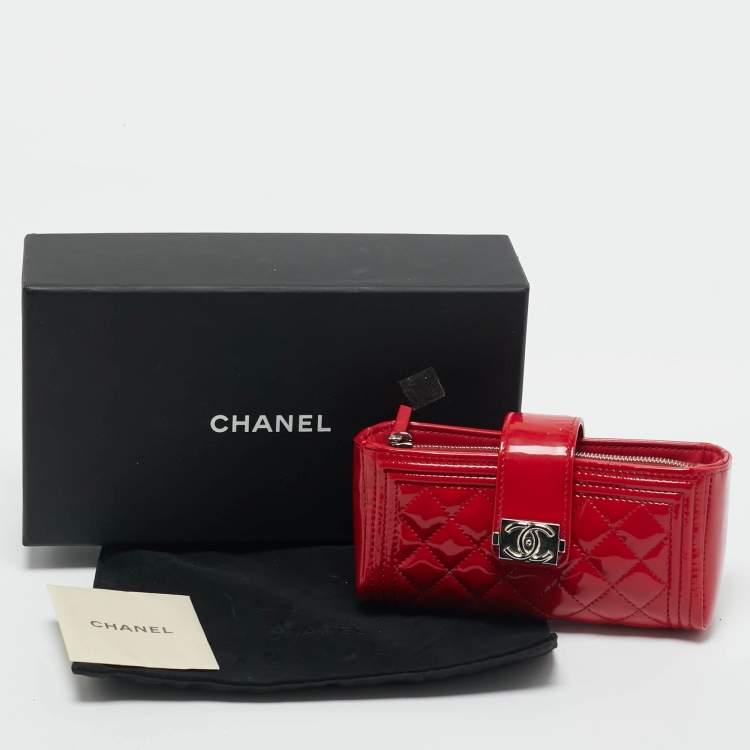 Pre Owned Chanel Red Quilted Patent Leather Boy Phone Holder Pouch 