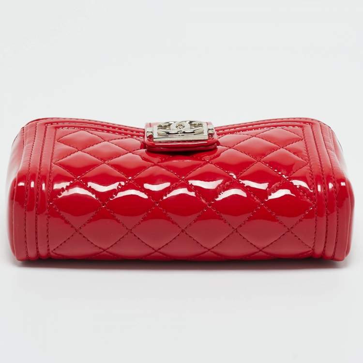 Pre Owned Chanel Red Quilted Patent Leather Boy Phone Holder Pouch 