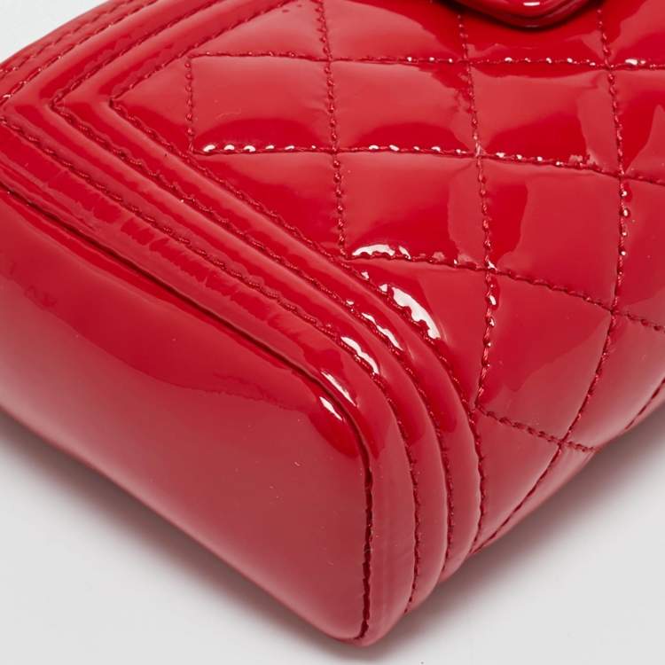 Pre Owned Chanel Red Quilted Patent Leather Boy Phone Holder Pouch 