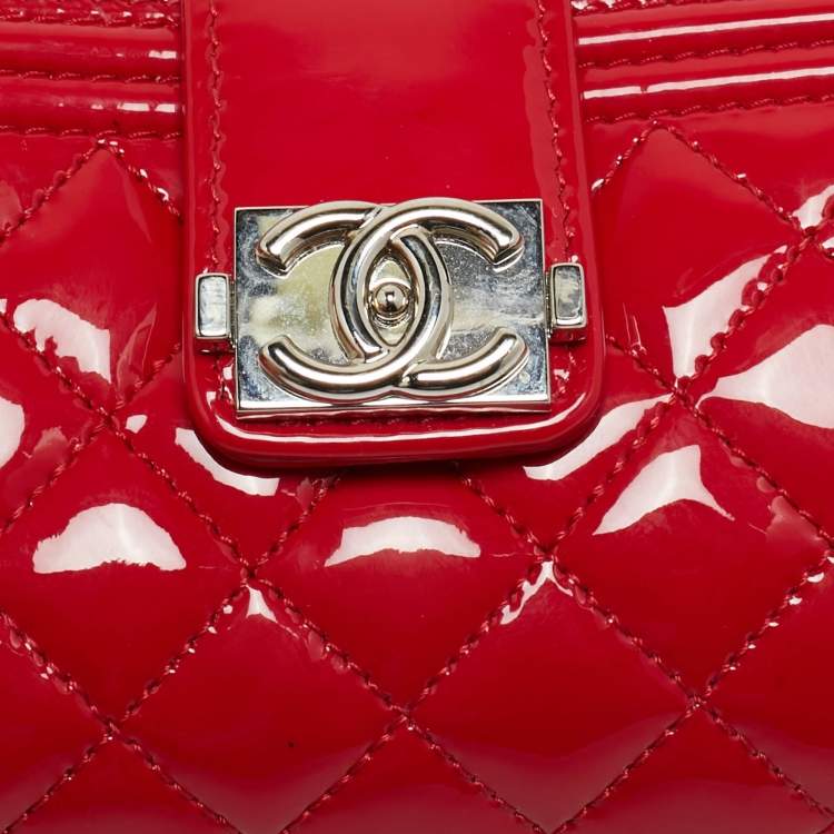 Pre Owned Chanel Red Quilted Patent Leather Boy Phone Holder Pouch 