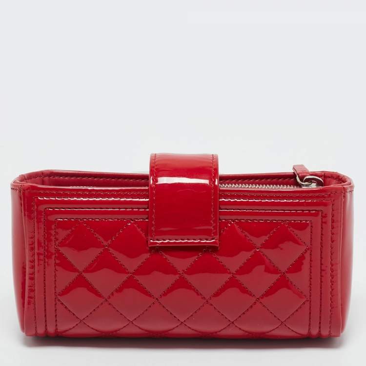 Pre Owned Chanel Red Quilted Patent Leather Boy Phone Holder Pouch 