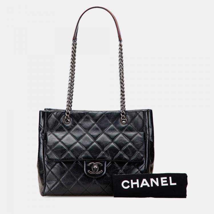 Pre Owned Chanel Black Small Quilted Glazed Calfskin Duo Color Tote
