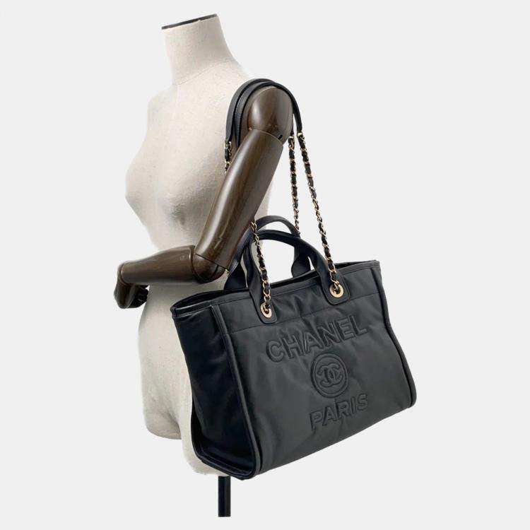 Pre Owned Chanel Deauville Small Black Lambskin Shopping Tote Bag