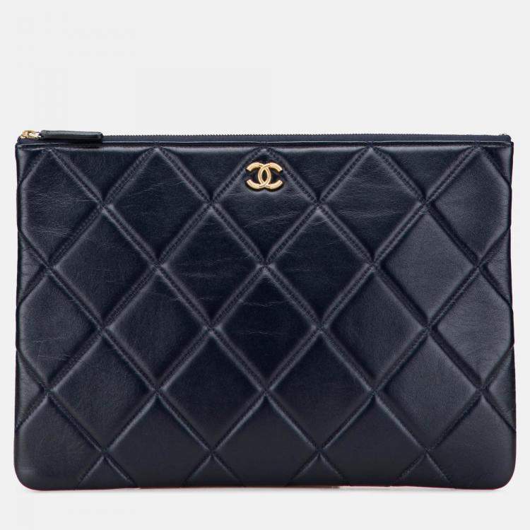 Pre Owned Chanel Navy Blue CC Large Quilted Lambskin O Case Clutch