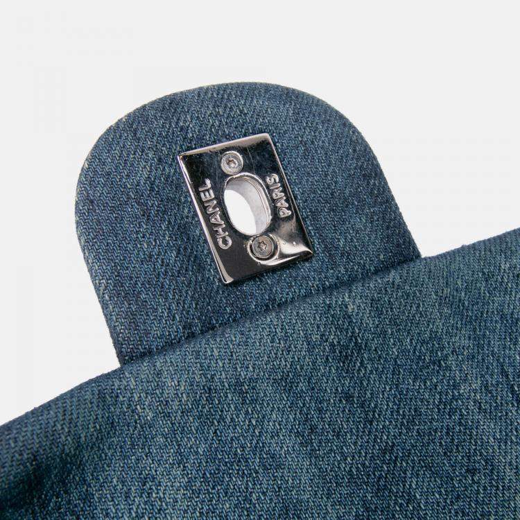 Pre Owned Chanel Blue Large Embroidered Denim Camellia Flap