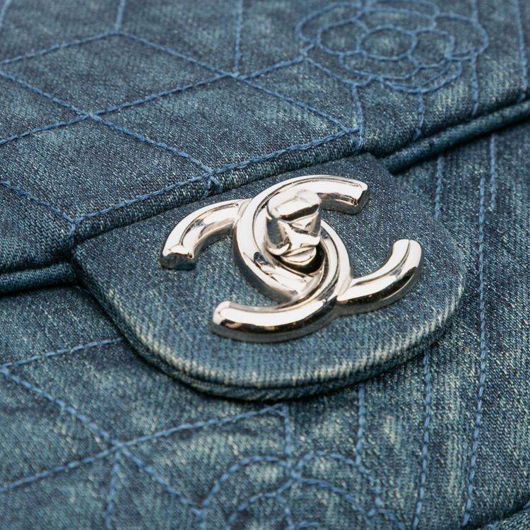 Pre Owned Chanel Blue Large Embroidered Denim Camellia Flap