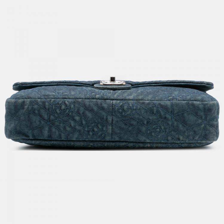 Pre Owned Chanel Blue Large Embroidered Denim Camellia Flap