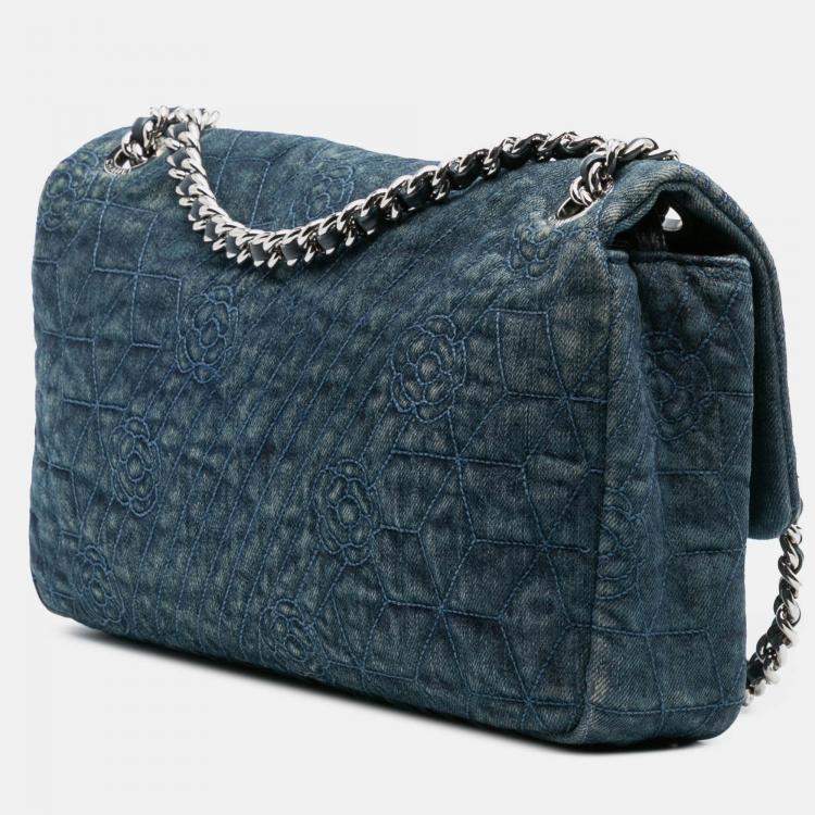Pre Owned Chanel Blue Large Embroidered Denim Camellia Flap