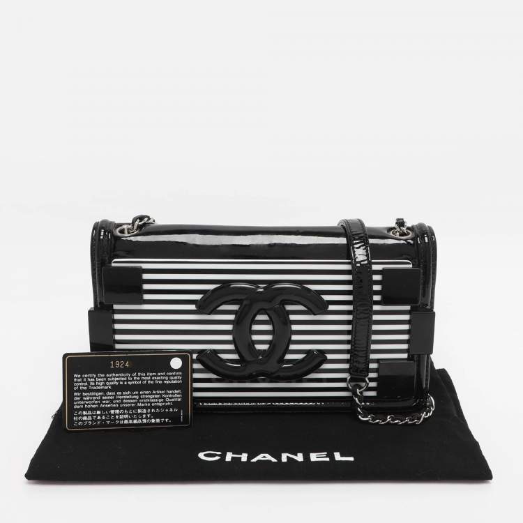 Pre Owned Chanel Black/White Stripe Plexiglass And Patent Leather East/West Boy Brick Flap Bag