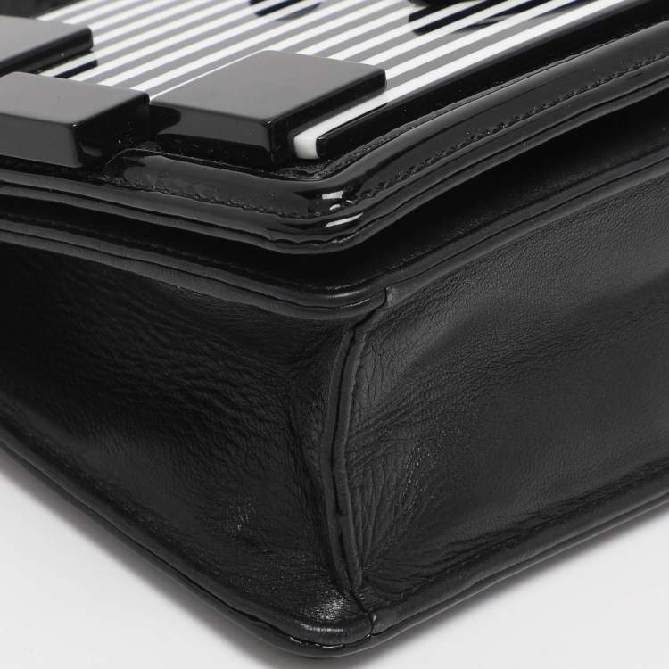 Pre Owned Chanel Black/White Stripe Plexiglass And Patent Leather East/West Boy Brick Flap Bag