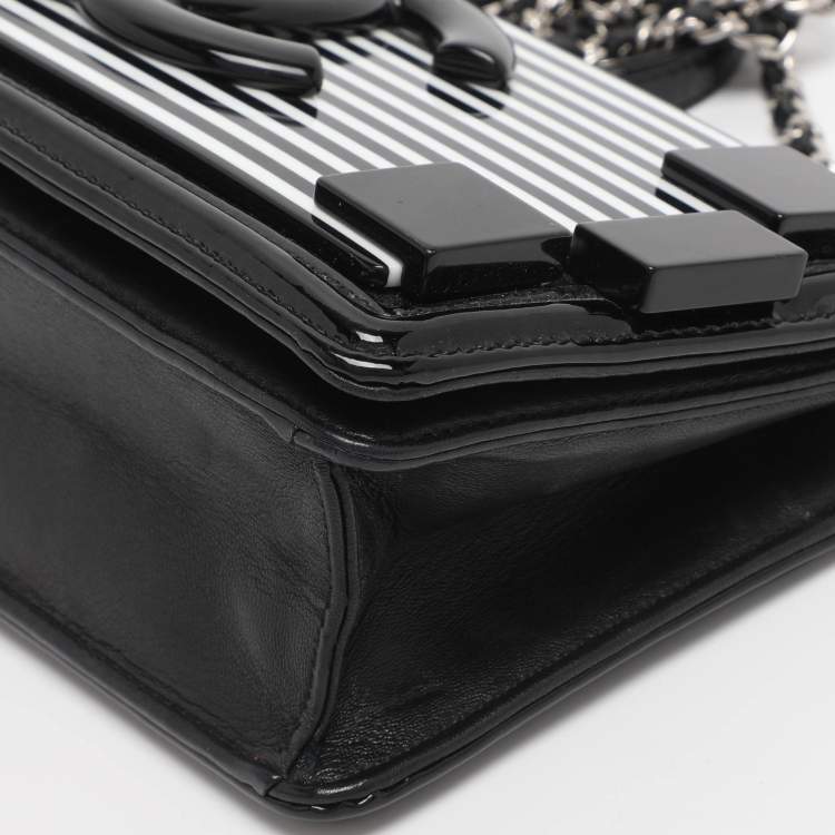 Pre Owned Chanel Black/White Stripe Plexiglass And Patent Leather East/West Boy Brick Flap Bag