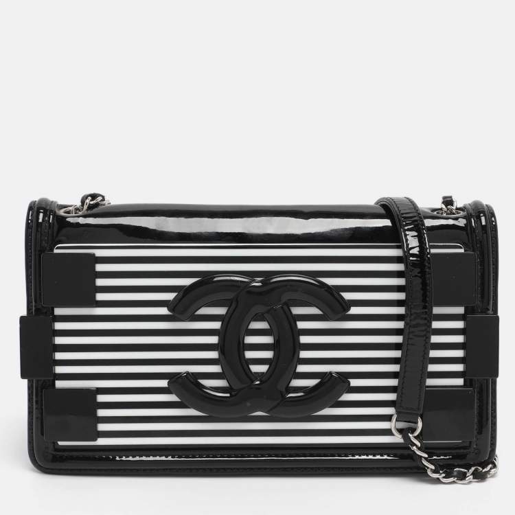 Pre Owned Chanel Black/White Stripe Plexiglass And Patent Leather East/West Boy Brick Flap Bag