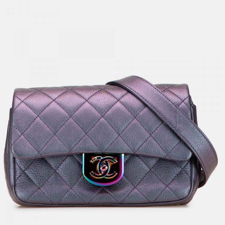 Pre Owned Chanel Purple Small Iridescent Goatskin Double Carry Waist Chain Flap