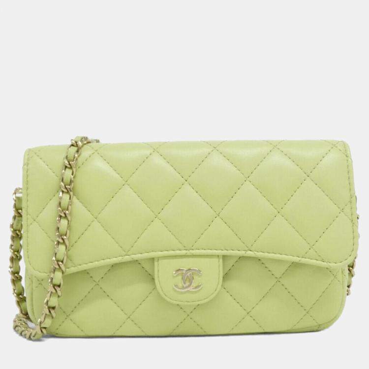 Pre Owned Chanel Timeless Classic Line Light Green Leather Phone Case