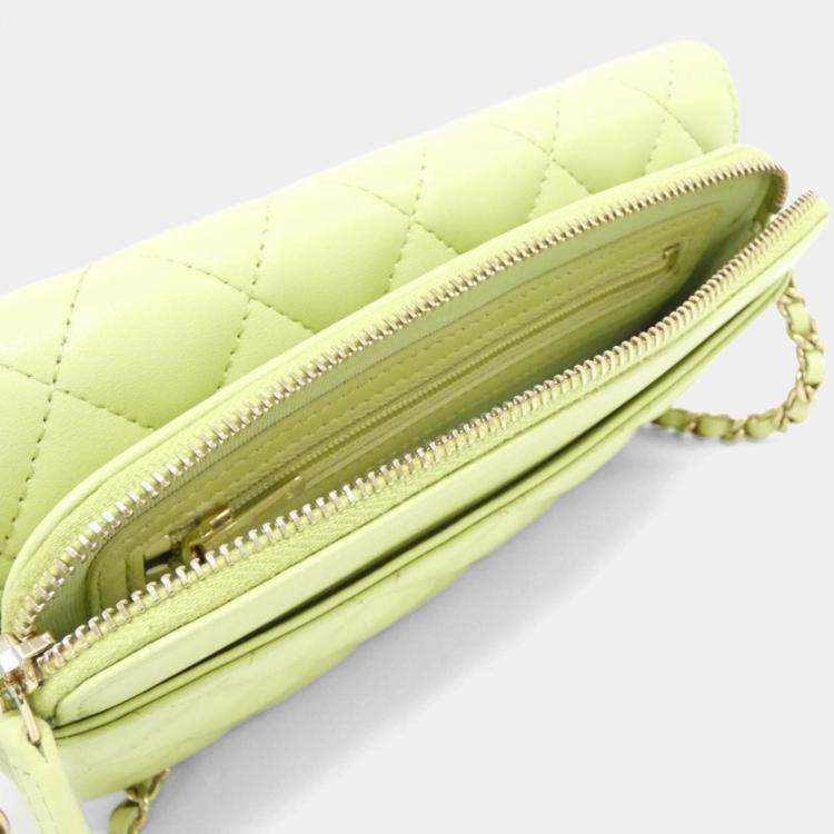 Pre Owned Chanel Timeless Classic Line Light Green Leather Phone Case