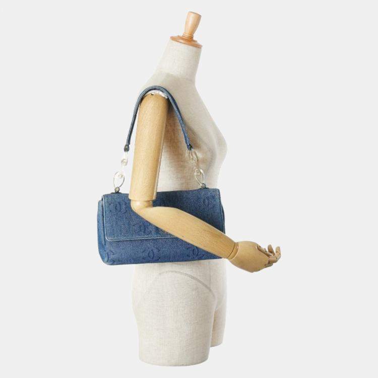 Pre Owned Chanel Coco Mark Shoulder Bag Indigo Blue Denim