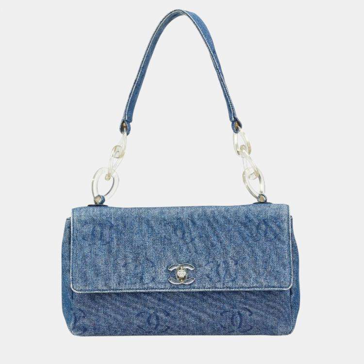 Pre Owned Chanel Coco Mark Shoulder Bag Indigo Blue Denim