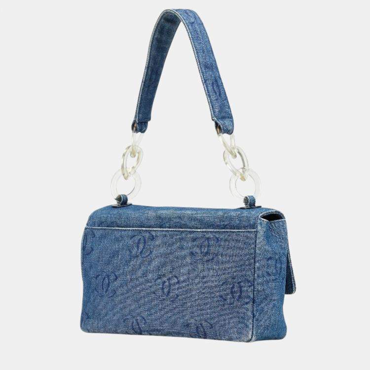 Pre Owned Chanel Coco Mark Shoulder Bag Indigo Blue Denim