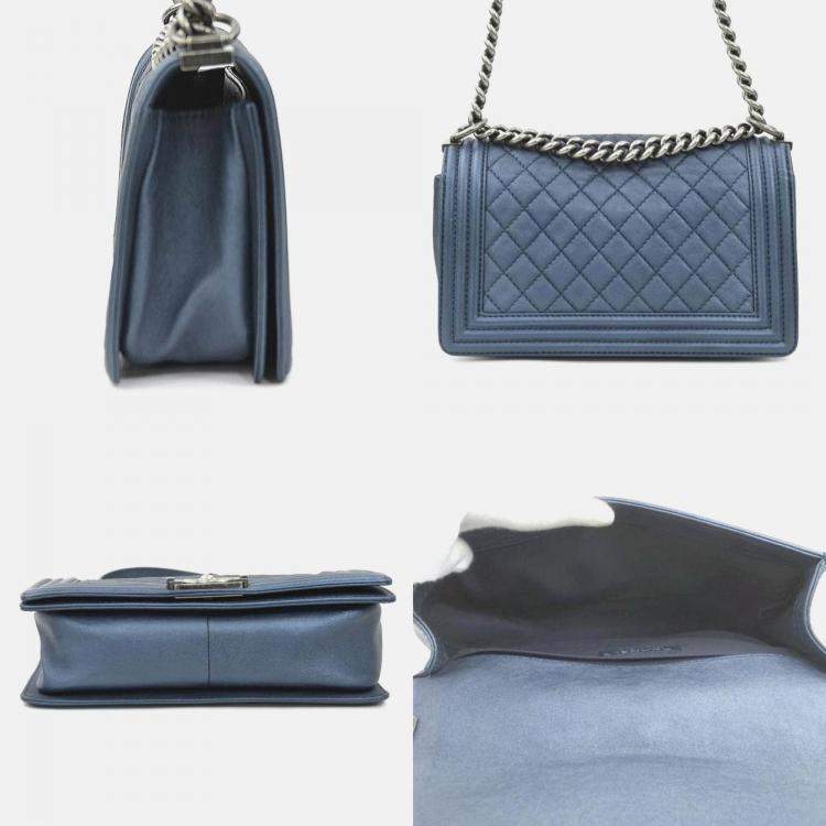 Pre Owned Chanel Boy Chanel Leather Shoulder Bag In Metallic Navy